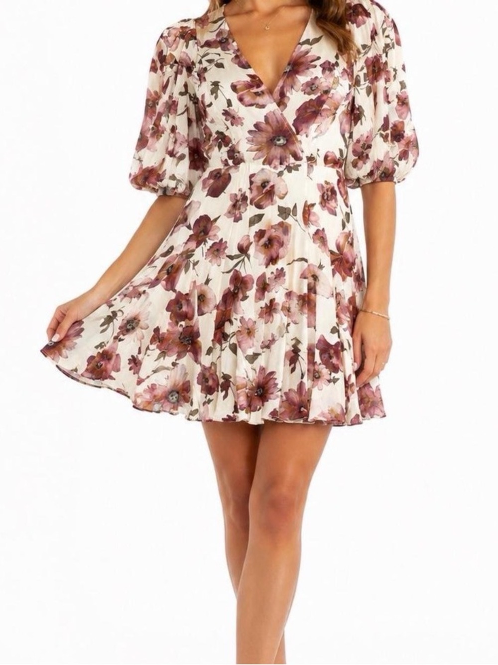 The Kooples Pastel Daisy on Satin Wrap Dress Puff Sleeve Silk Blend Pink 2 / S